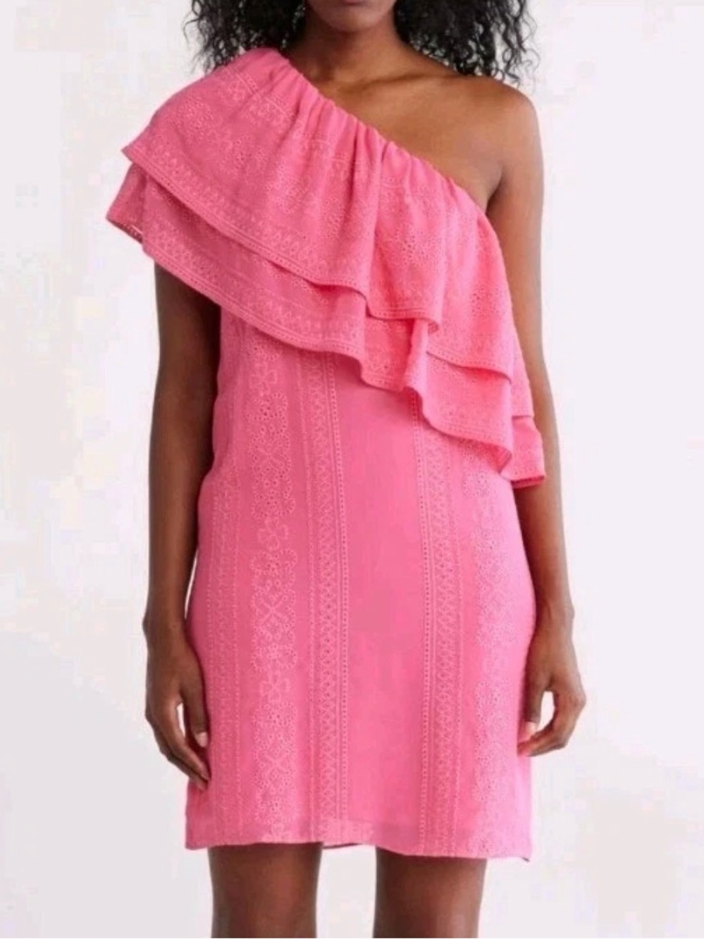 Trina Turk Pink One-Shoulder Ruffle Shift Dress Size Small